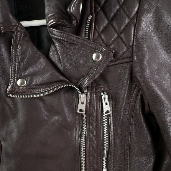 Allsaints Leather Jacket Brown Women Size 4 Zip Pockets Grunge Catch Biker - Picture 9 of 16